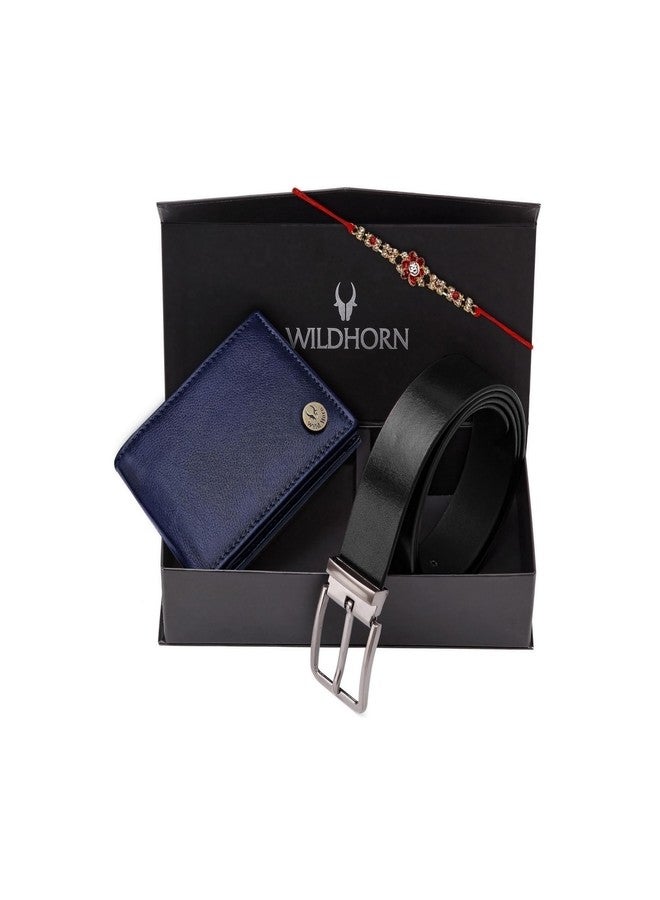 WildHorn Rakhi Gift Set for Brother - Premium Men's Combo | Gift Set of Leather Wallet & Belt & Rakhi with an Unique Slider Gift Box for Brother (Blue) - Image 1